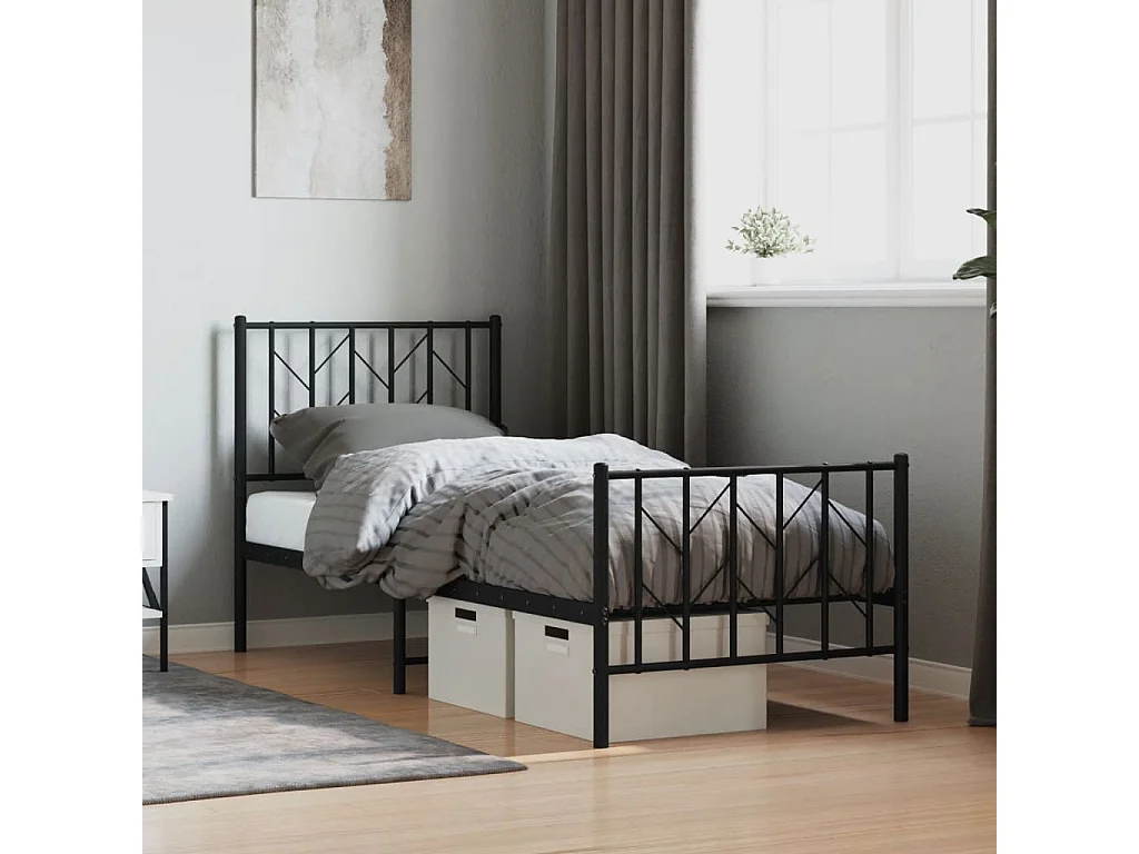 Estrutura de cama com cabeceira e pés 75x190 cm metal preto