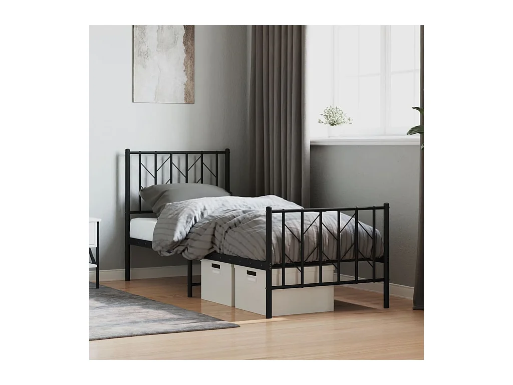 Cadre de lit métal sans matelas avec pied de lit noir 75x190 cm