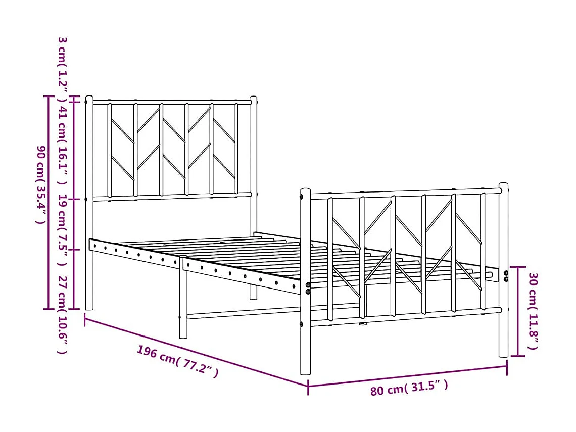 Bedframe met hoofd- en voeteneinde metaal zwart 75x190 cm