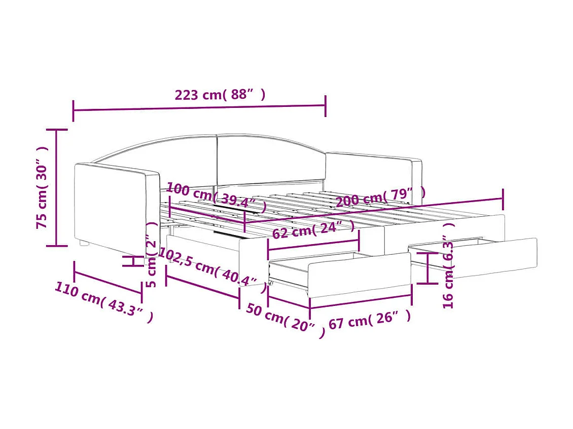 Slaapbank met onderschuifbed en lades 100x200 cm stof crème