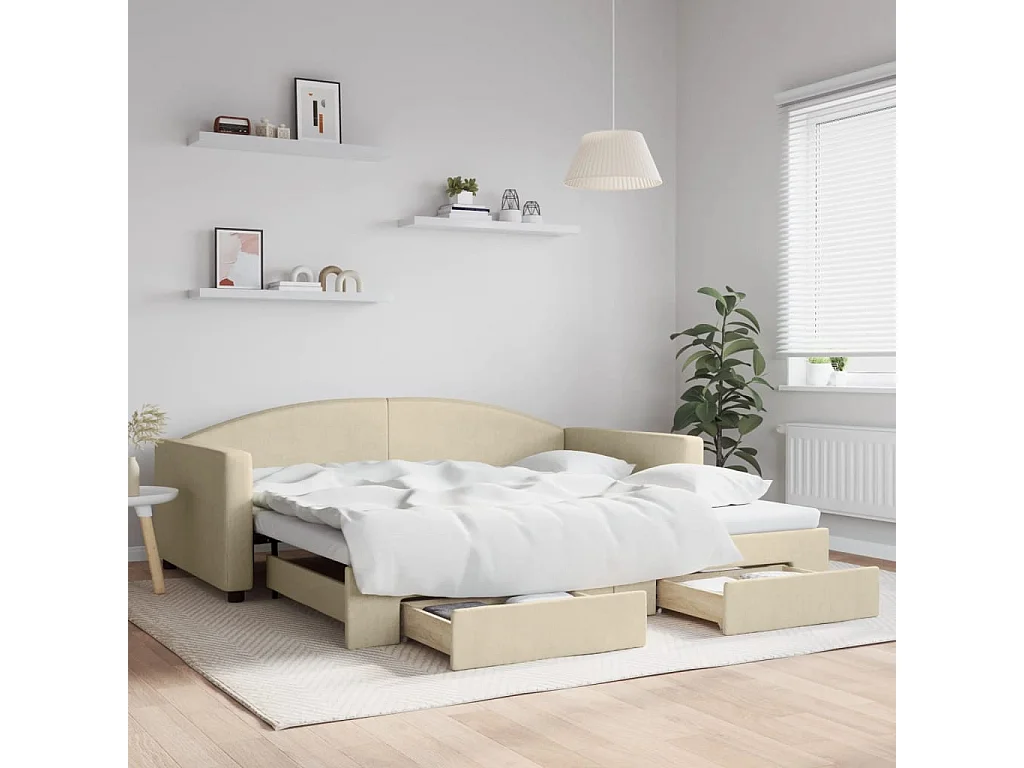 Lit de jour avec gigogne et tiroirs crème 100x200 cm tissu