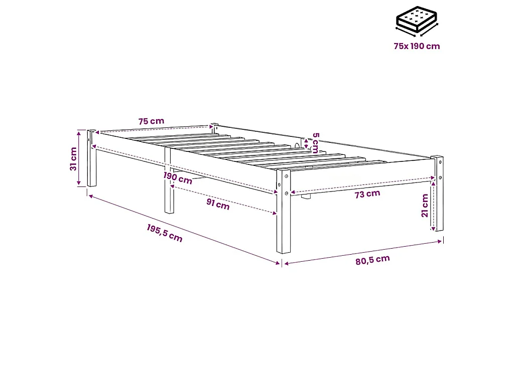 Cadre de lit sans matelas cire marron 75x190 cm bois pin massif