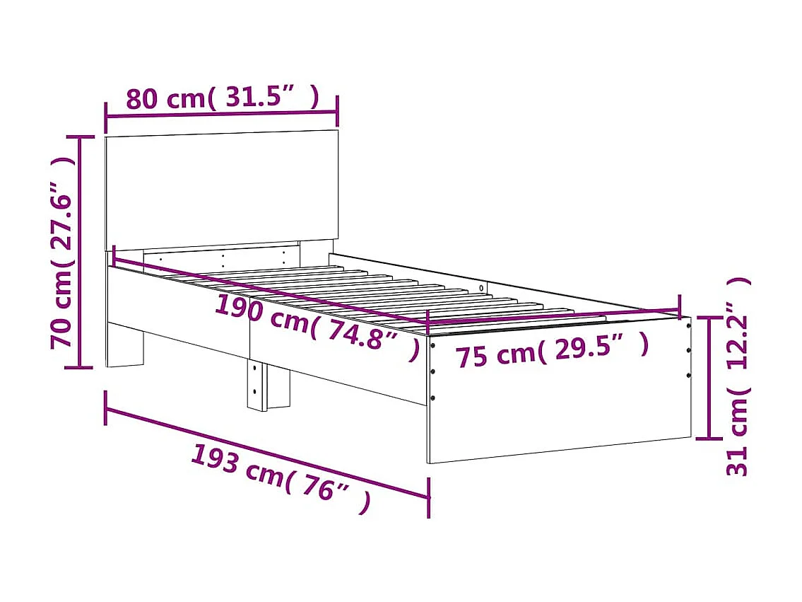 Estructura cama con cabecero sin colchón roble Sonoma 75x190 cm