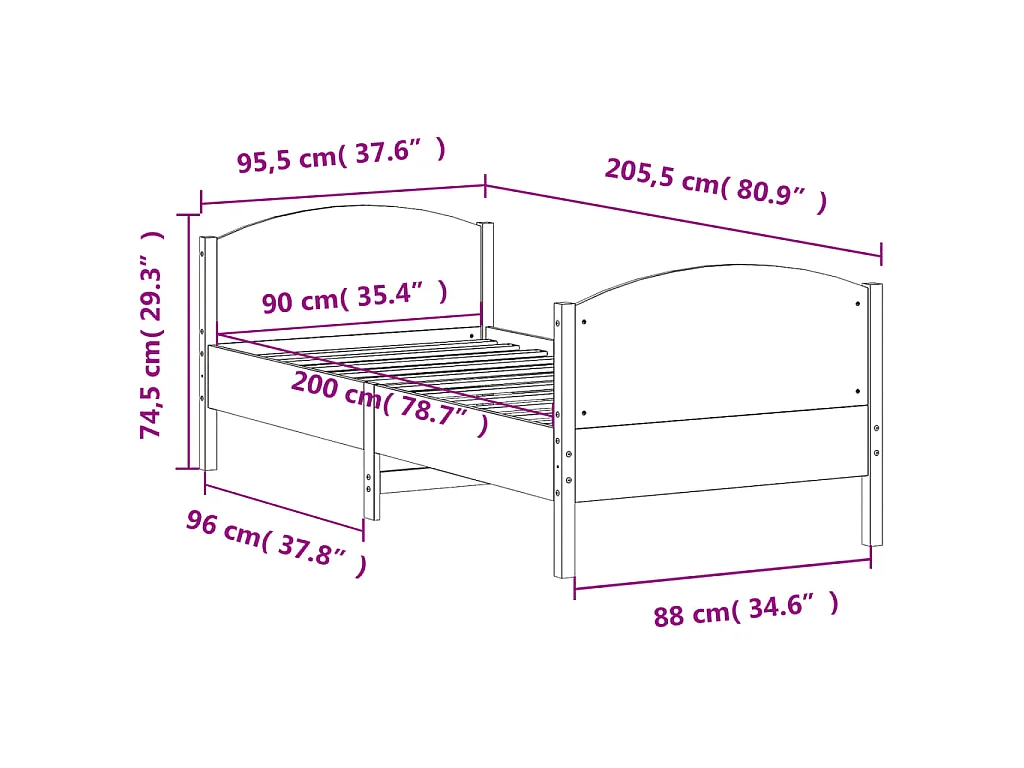Letto senza Materasso Bianco 90x200 cm Legno Massello di Pino