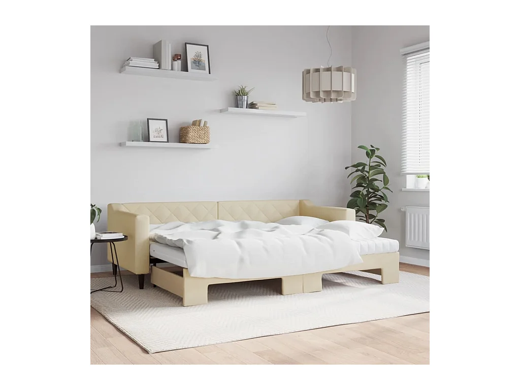 Lit de jour avec gigogne et matelas crème 80x200 cm tissu