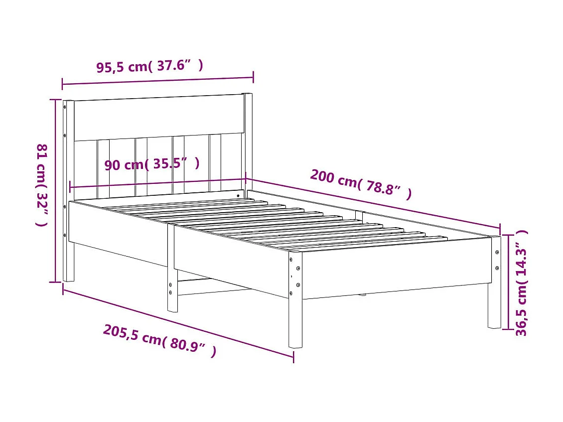 Estructura de cama sin colchón madera maciza de pino 90x200 cm