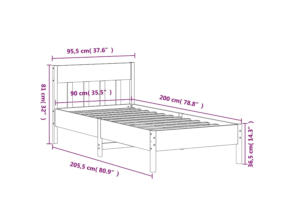 Letto senza Materasso 90x200 cm in Legno Massello di Pino