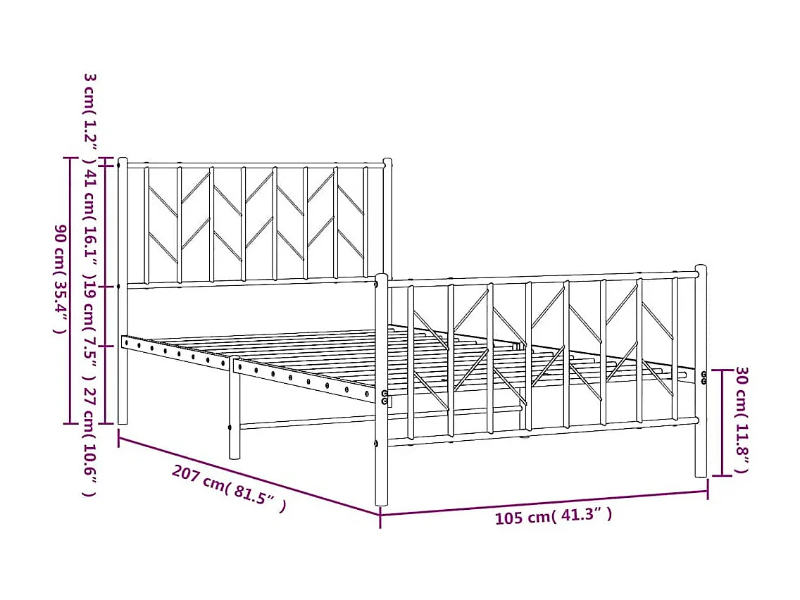 Estrutura de cama com cabeceira e pés 100x200 cm metal branco