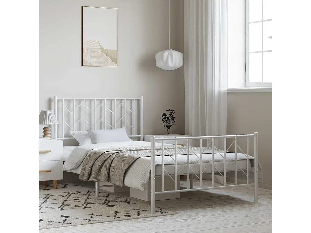 Cadre de lit métal sans matelas et pied de lit blanc 100x200 cm