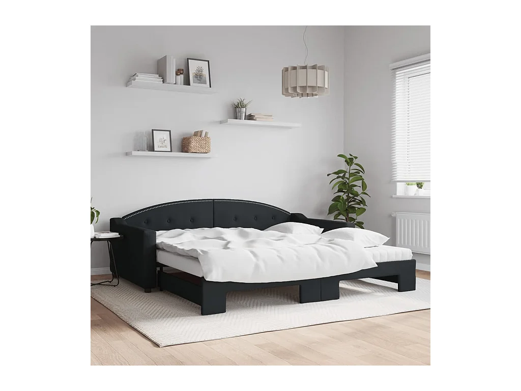 Lit de jour avec gigogne et matelas noir 100x200 cm tissu