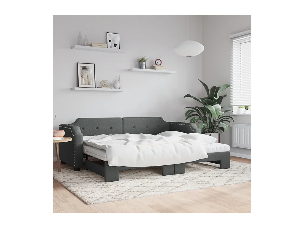 Lit de jour avec gigogne et matelas gris foncé 100x200 cm tissu