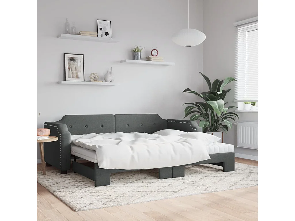 Lit de jour avec gigogne et matelas gris foncé 100x200 cm tissu