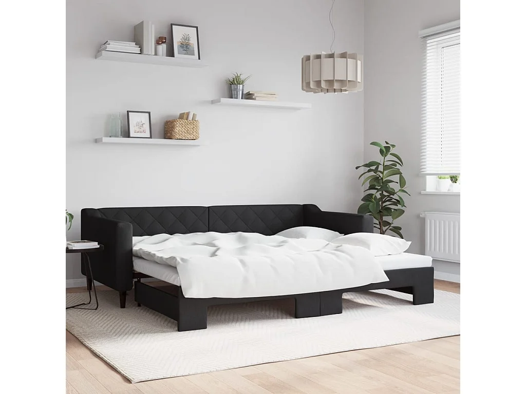 Slaapbank met onderschuifbed 90x200 cm stof zwart
