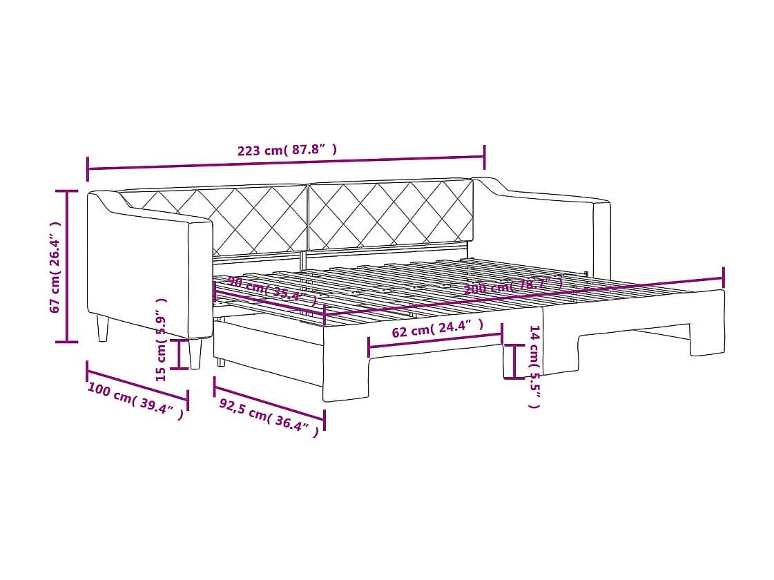 Slaapbank met onderschuifbed 90x200 cm stof zwart
