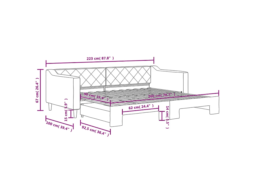 Lit de jour avec gigogne sans matelas noir 90x200 cm