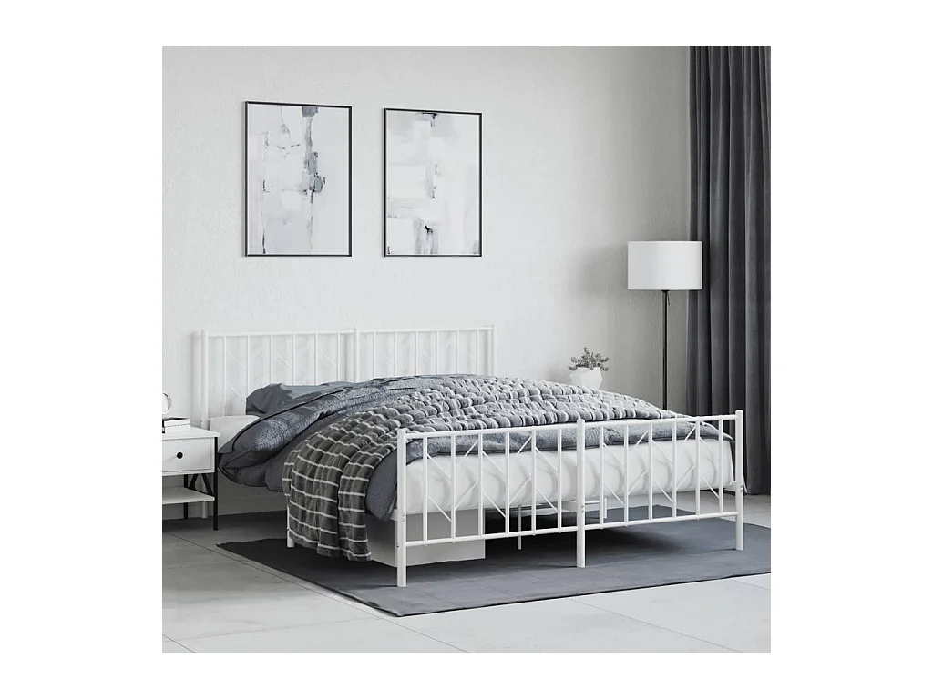Cadre de lit métal sans matelas et pied de lit blanc 160x200 cm