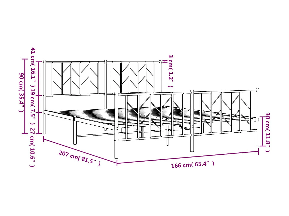Cadre de lit métal sans matelas et pied de lit blanc 160x200 cm