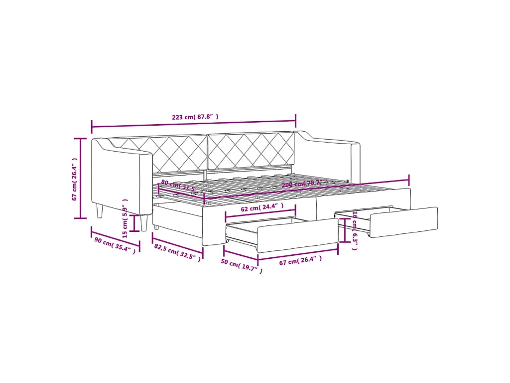 Slaapbank met onderschuifbed en lades 80x200 cm stof crèmekleur