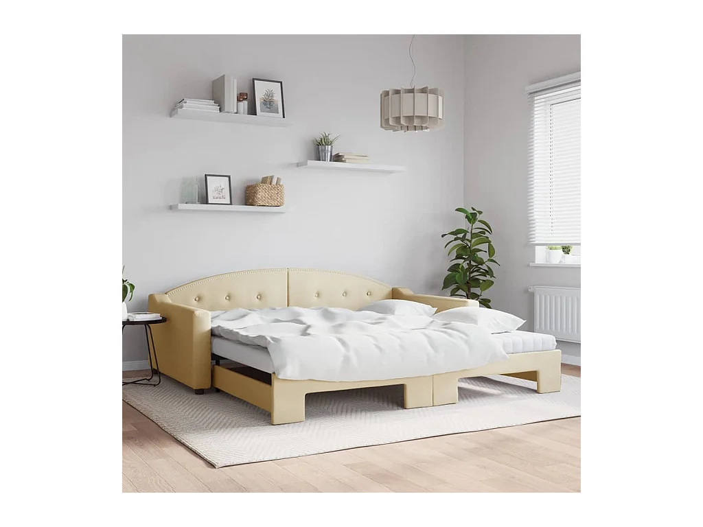 Lit de jour avec gigogne et matelas crème 100x200 cm tissu