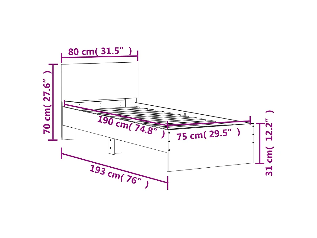Cadre de lit sans matelas avec tête de lit chêne fumé 75x190 cm