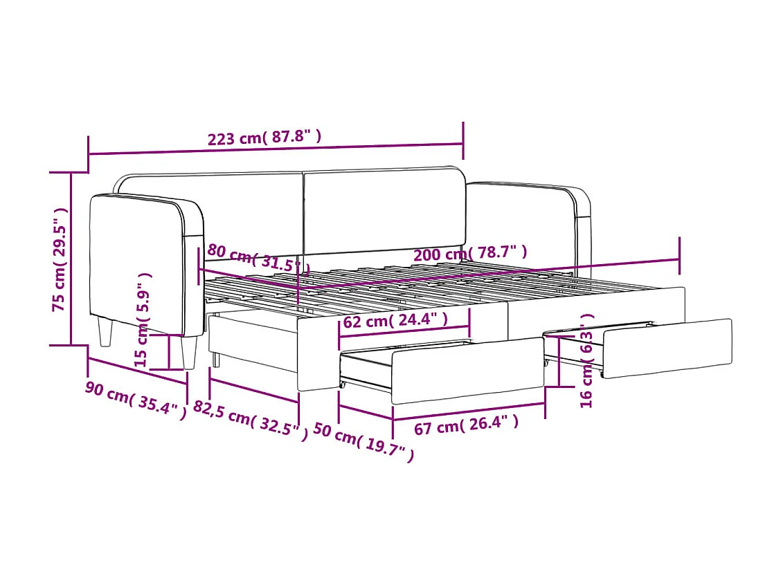 Lit de jour avec gigogne et tiroirs sans matelas taupe 80x200cm