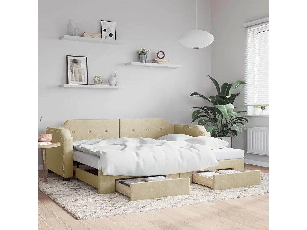 Lit de jour avec gigogne et tiroirs sans matelas crème 80x200cm