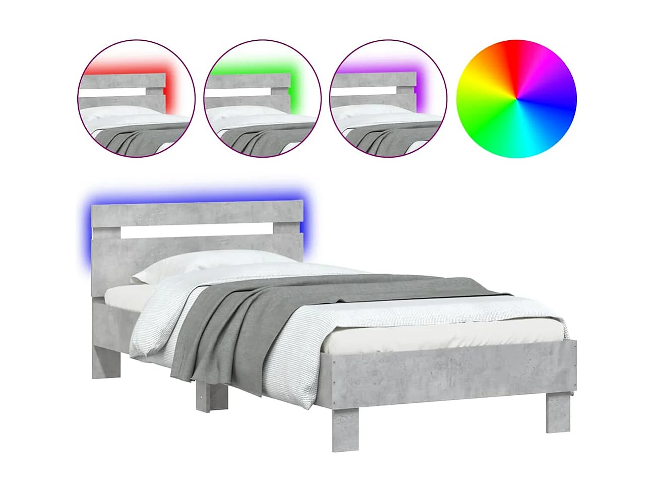 Estrutura de cama c/ cabeceira/luzes LED 90x190cm cinza cimento