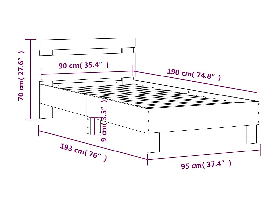 Estrutura de cama c/ cabeceira/luzes LED 90x190cm cinza cimento