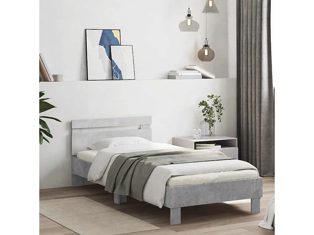 Estrutura de cama c/ cabeceira/luzes LED 90x190cm cinza cimento