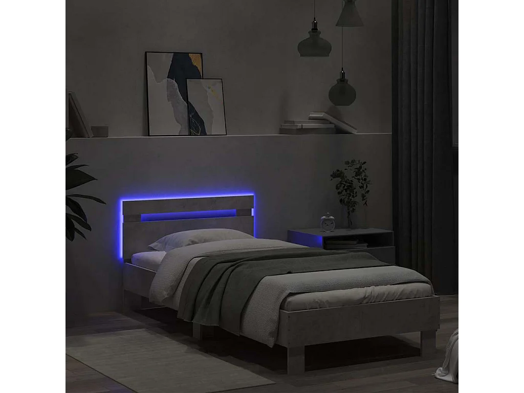 Estrutura de cama c/ cabeceira/luzes LED 90x190cm cinza cimento