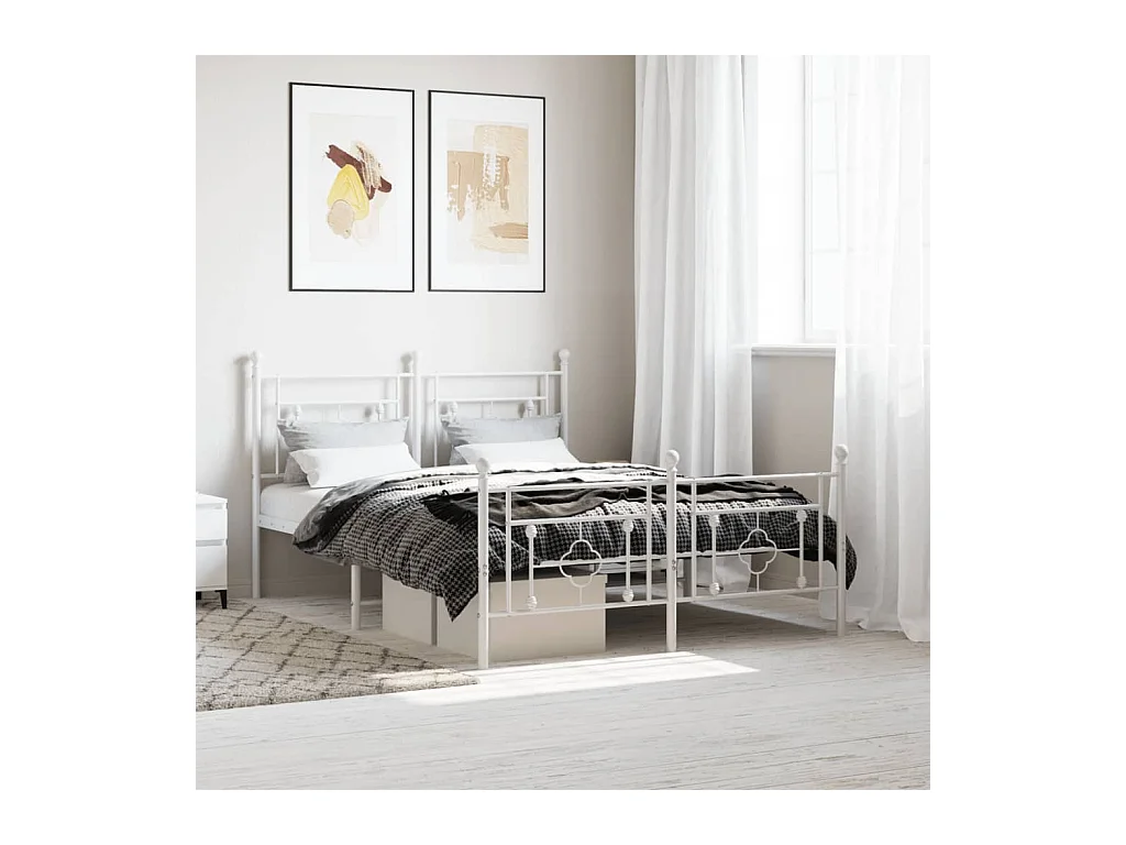 Cadre de lit métal sans matelas et pied de lit blanc 140x200 cm
