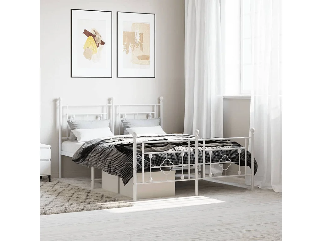 Cadre de lit métal sans matelas et pied de lit blanc 140x200 cm