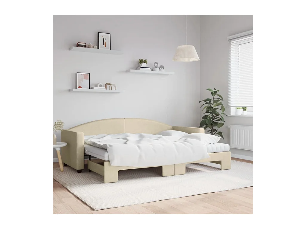 Lit de jour avec gigogne et matelas crème 80x200 cm tissu
