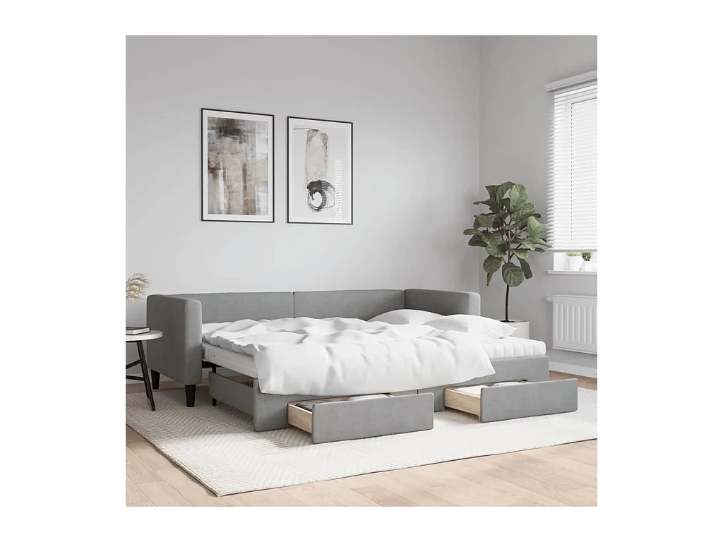 Lit de jour avec gigogne et tiroirs gris clair 80x200 cm tissu