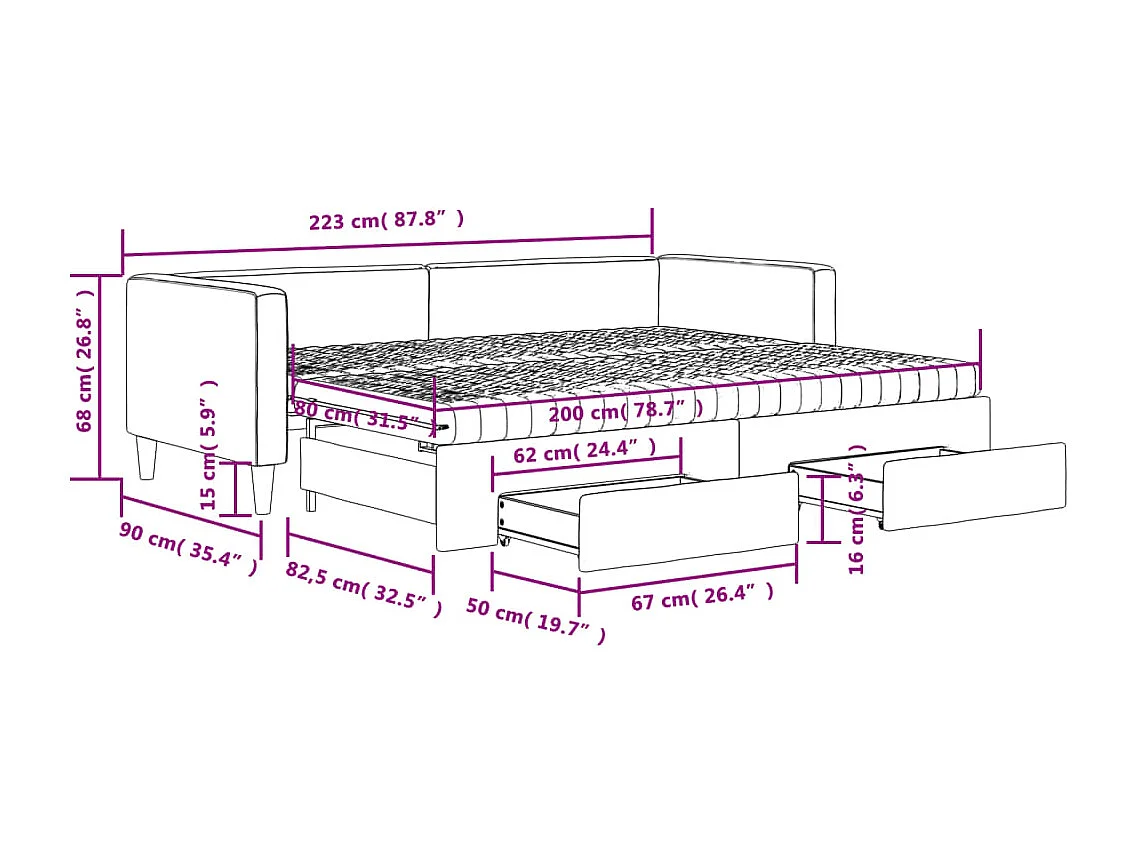 Lit de jour avec gigogne et tiroirs gris clair 80x200 cm tissu