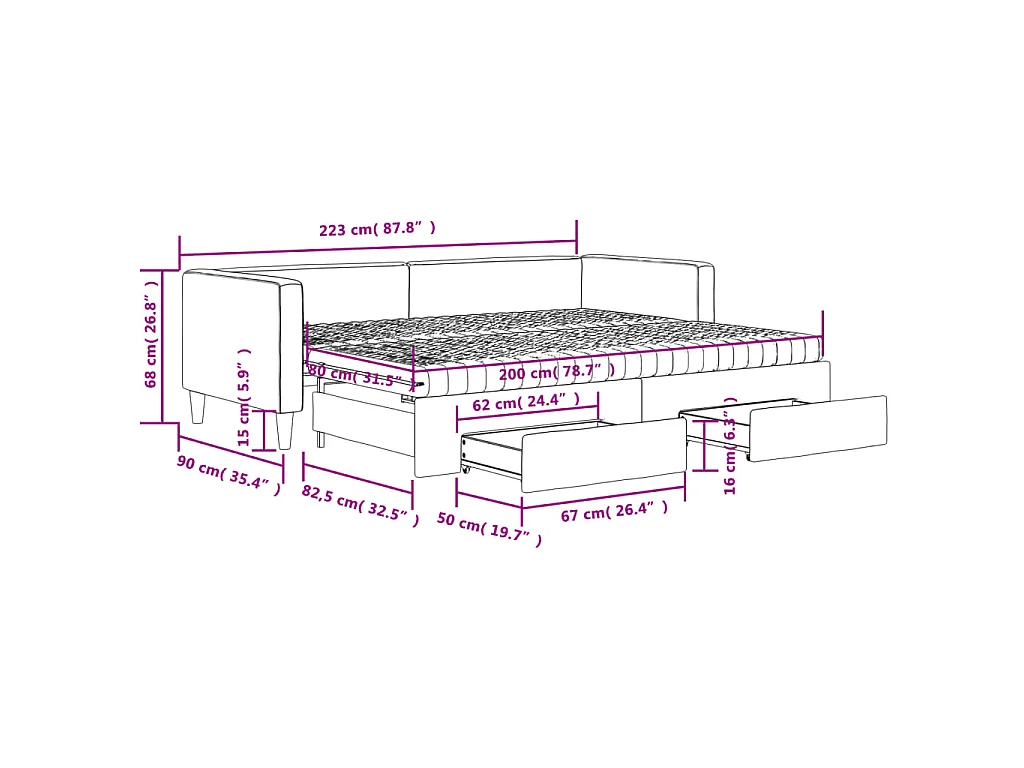 Lit de jour avec gigogne et tiroirs gris clair 80x200 cm tissu