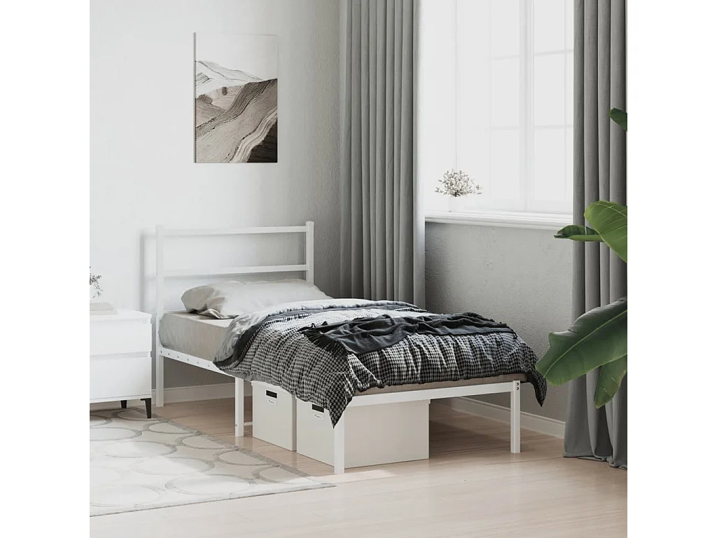 Cadre de lit métal sans matelas avec tête de lit blanc 90x200cm