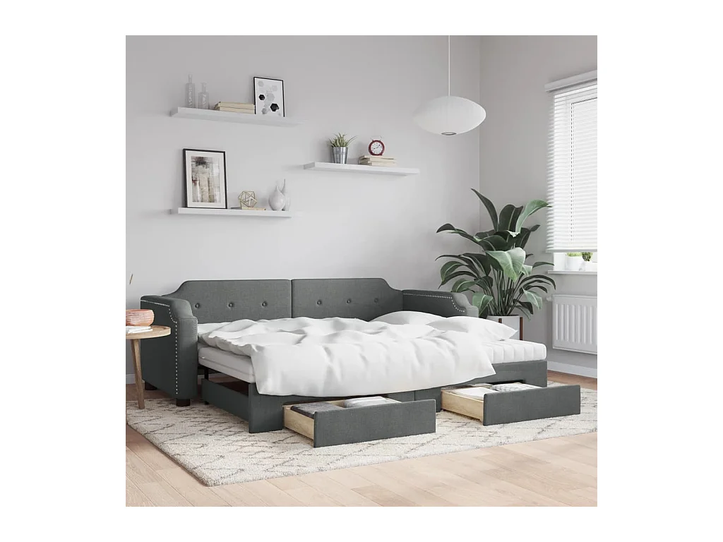 Tagesbett Ausziehbar mit Schubladen Dunkelgrau 90x190 cm Stoff