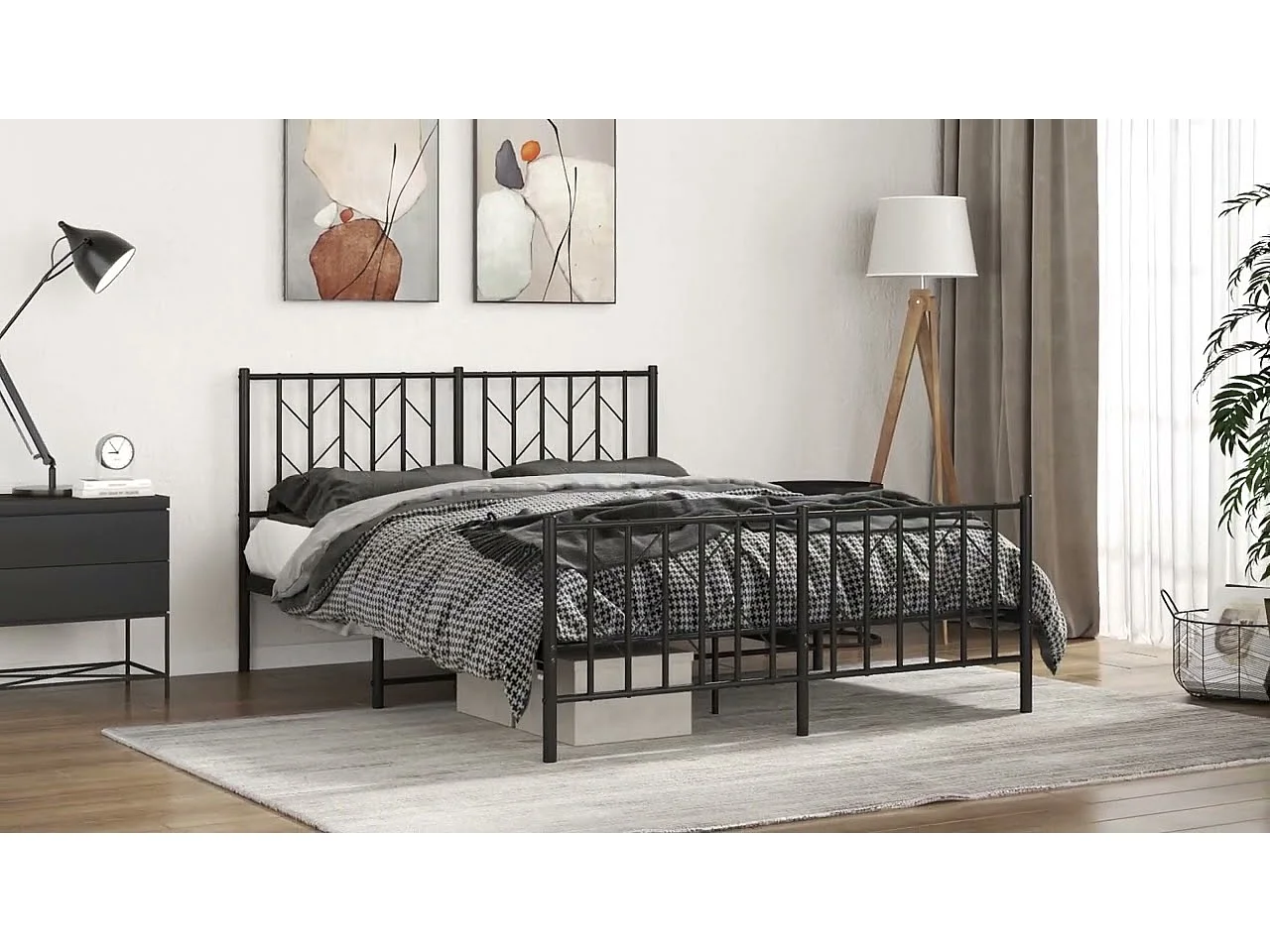 Cadre de lit métal sans matelas avec pied de lit noir 150x200cm