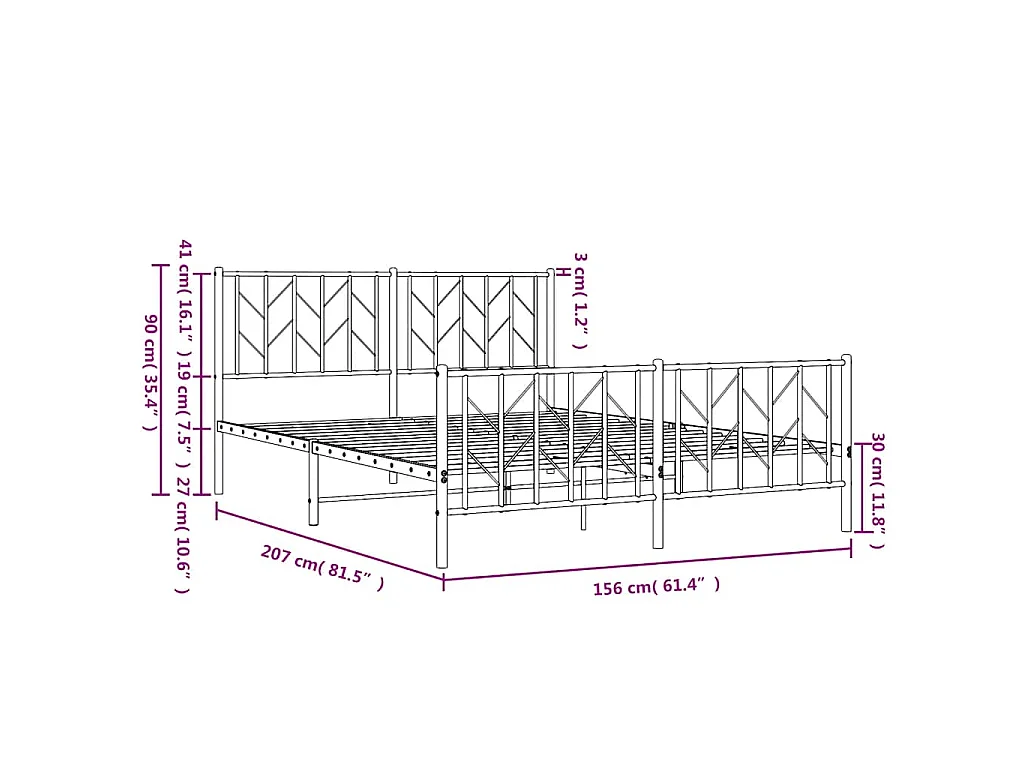 Cadre de lit métal sans matelas avec pied de lit noir 150x200cm