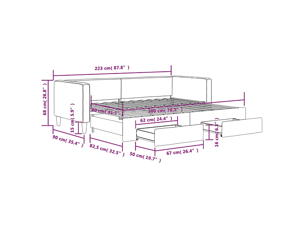 Tagesbett Ausziehbar mit Schubladen Dunkelgrau 80x200 cm Stoff