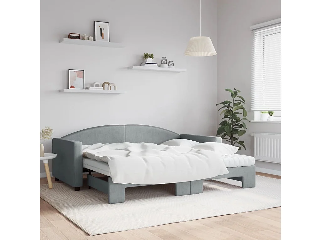 Lit de jour avec gigogne et matelas gris clair 90x190 cm tissu