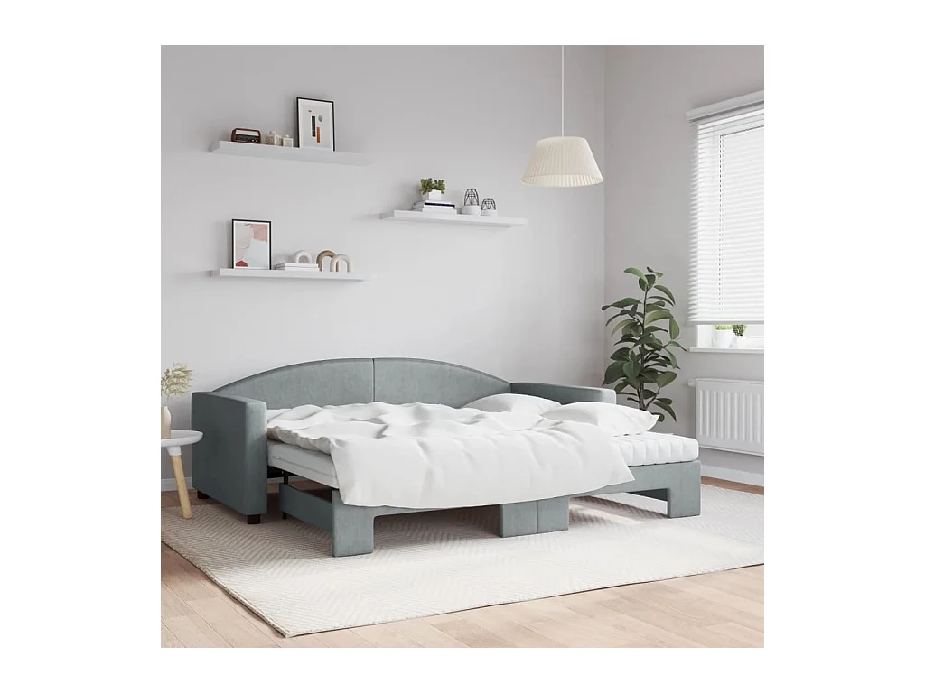 Lit de jour avec gigogne et matelas gris clair 90x190 cm tissu