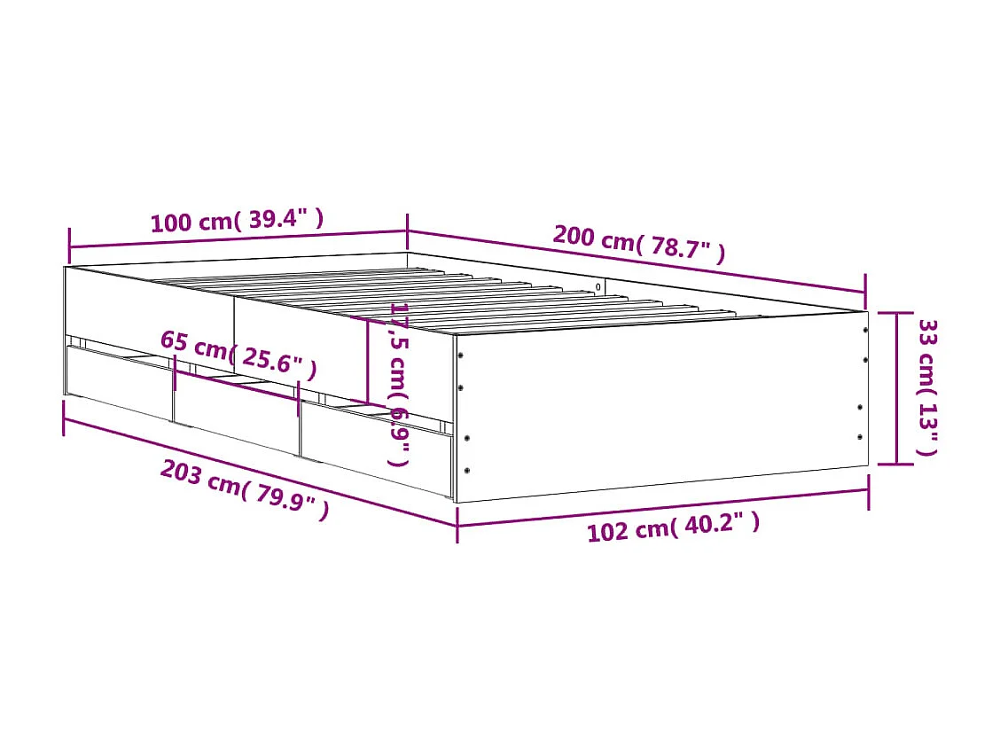 Cadre de lit avec tiroirs sans matelas gris béton 100x200 cm