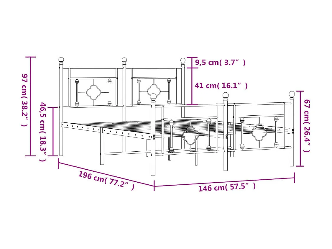 Cadre de lit métal sans matelas et pied de lit blanc 140x190 cm