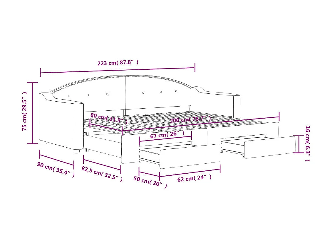Tagesbett Ausziehbar mit Schubladen Creme 80x200 cm Stoff