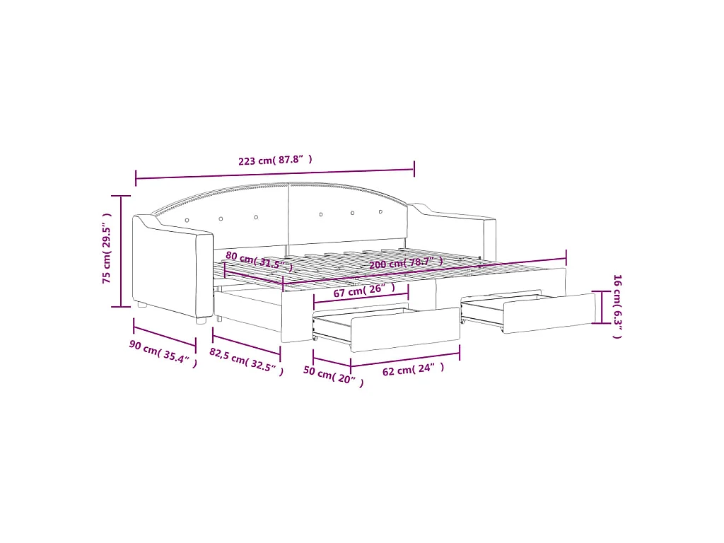 Lit de jour avec gigogne et tiroirs sans matelas crème 80x200cm