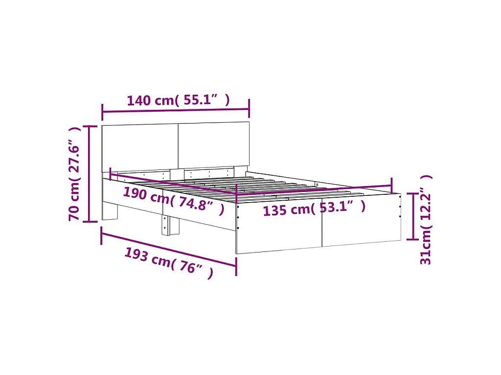 Bedframe met hoofdeinde betongrijs 135x190 cm
