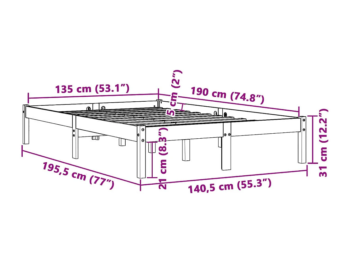 Cadre de lit sans matelas cire marron 135x190cm bois pin massif