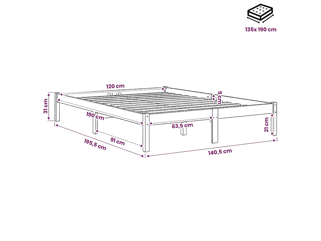 Cadre de lit sans matelas cire marron 135x190cm bois pin massif